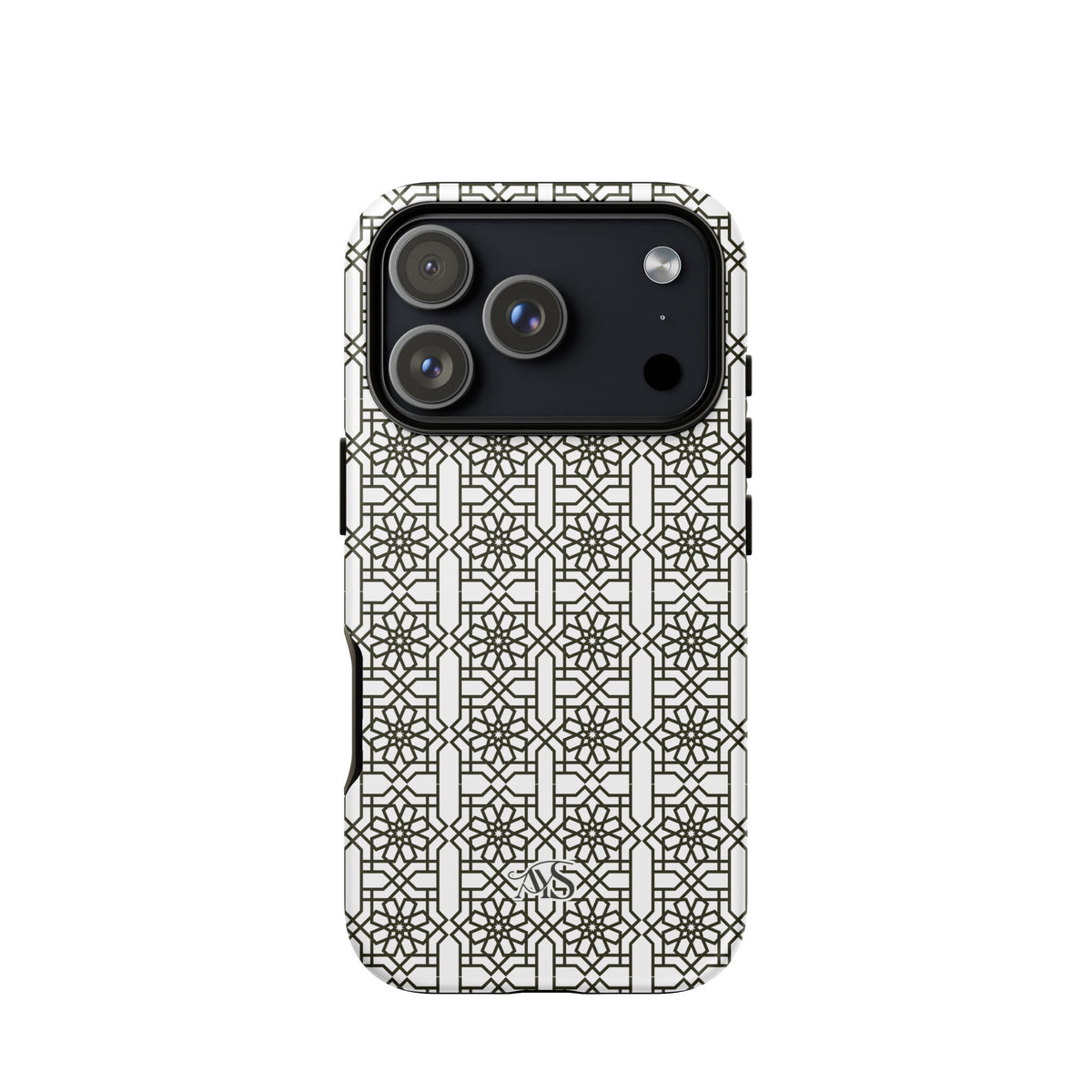 White Classic Noor geometric tough phone case with a black-and-white pattern and AYS logo at the bottom, designed for iPhone 18 Pro