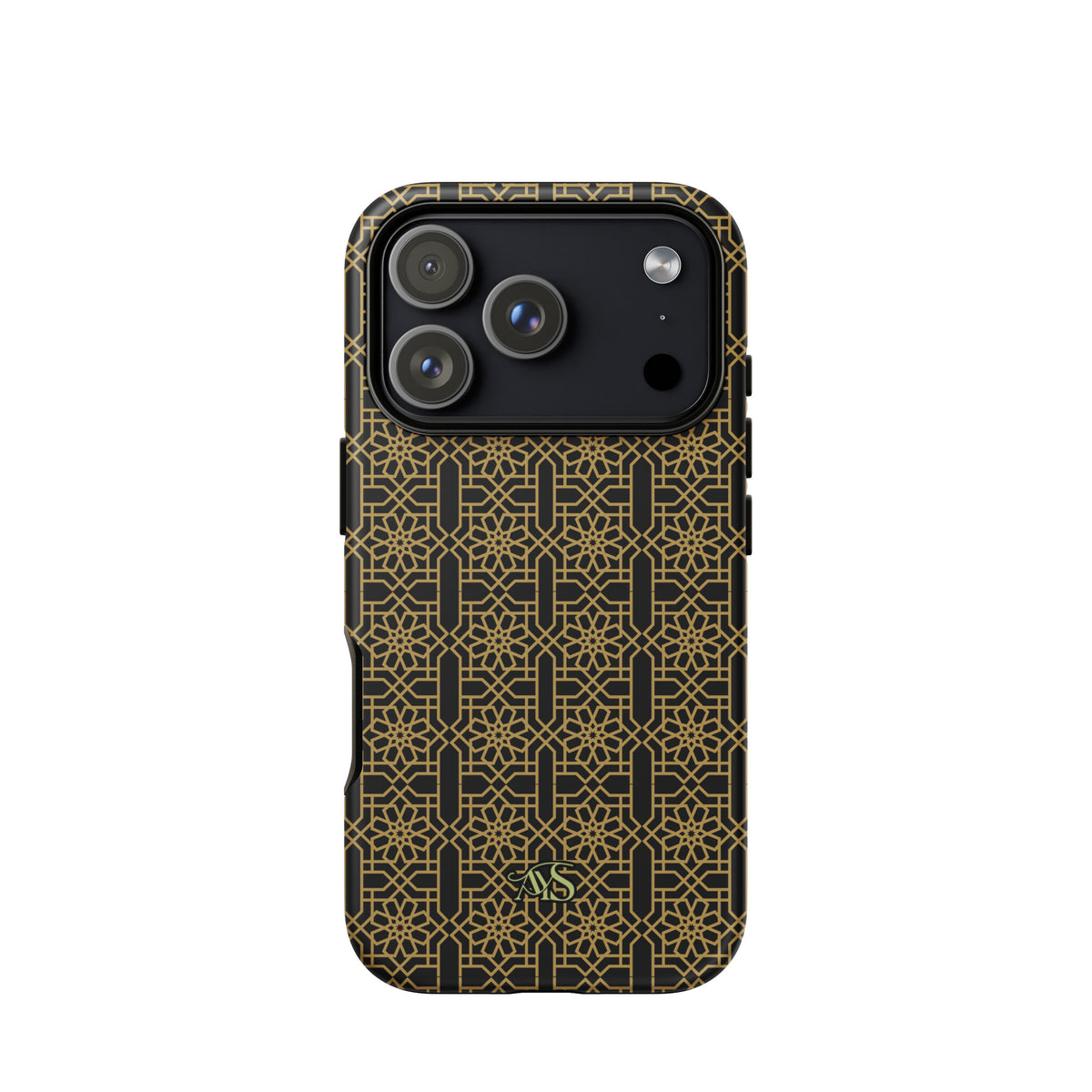 Midnight Gold Noor Tough Phone Case with a black-and-gold pattern and AYS logo at the bottom, designed for iPhone 18 Pro