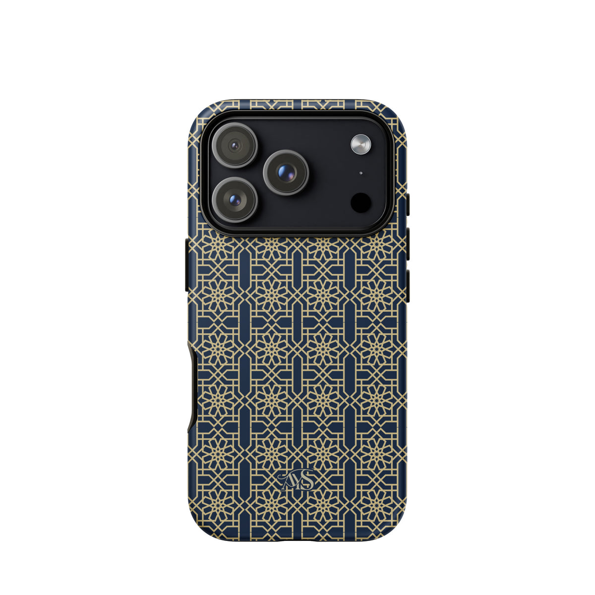 Royal Navy Noor Tough Phone Case with a blue-and-gold pattern and AYS logo at the bottom, designed for iPhone 18 Pro