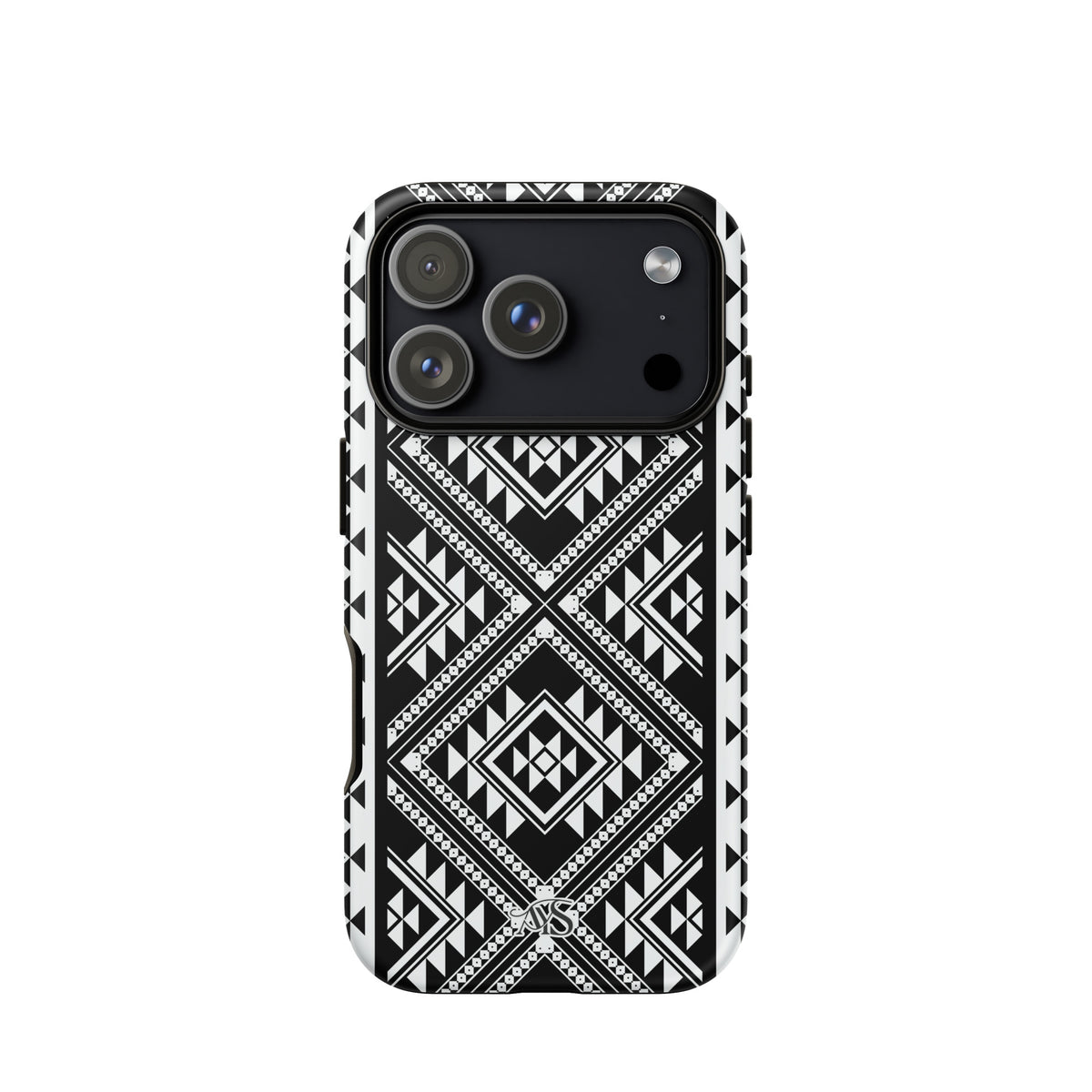 Monochrome Geometric Tough Phone Case with a black-and-white pattern and AYS logo at the bottom, designed for iPhone 18 Pro