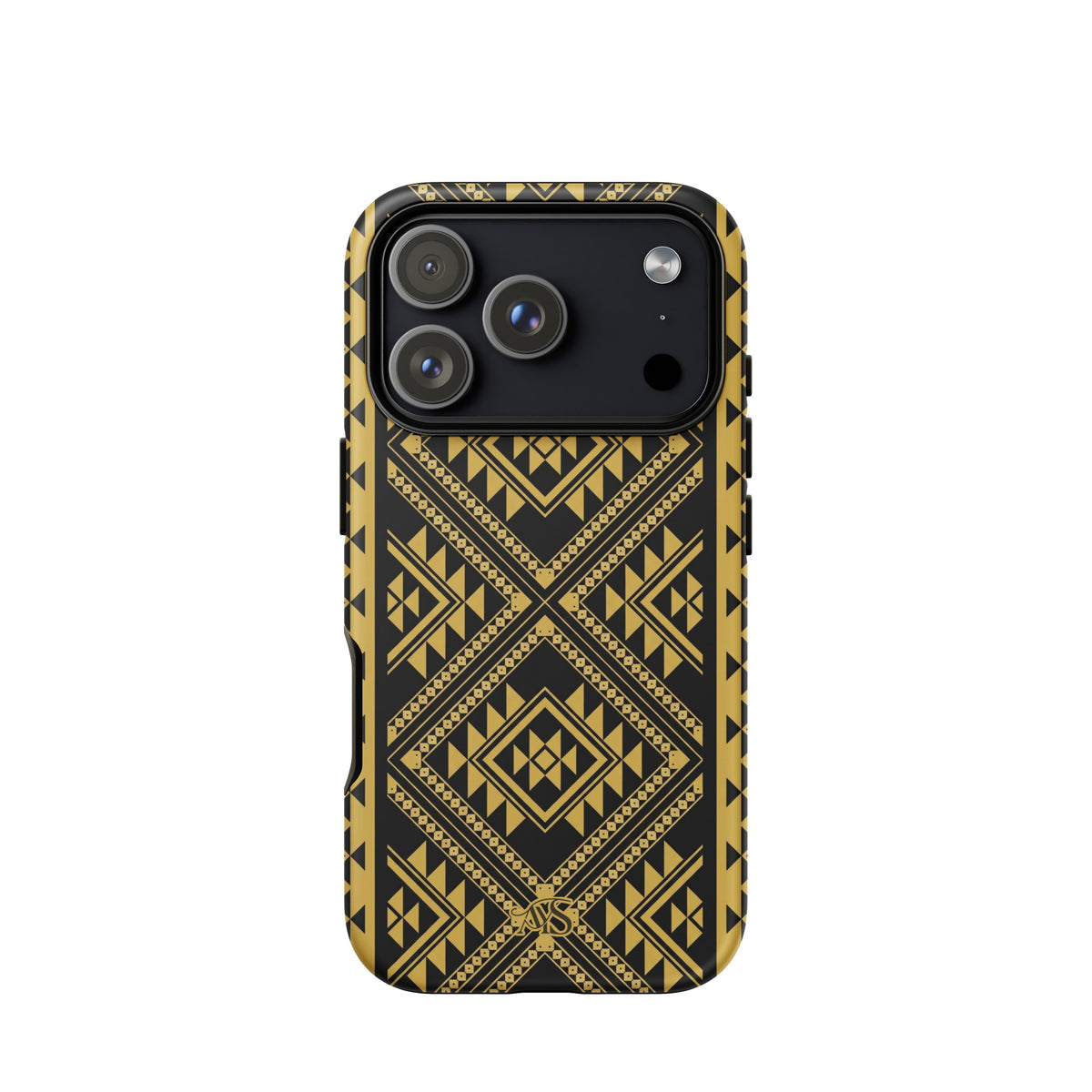 Midnight Prestige Geometric Tough Phone Case with a black-and-gold pattern and AYS logo at the bottom, designed for iPhone 18 Pro
