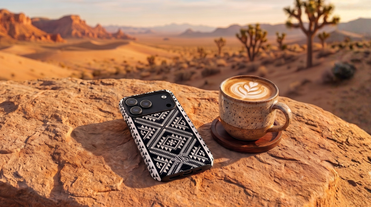 Monochrome geometric phone case displayed on a sandy rock beside a heart and leaf coffee cup in a desert landscape