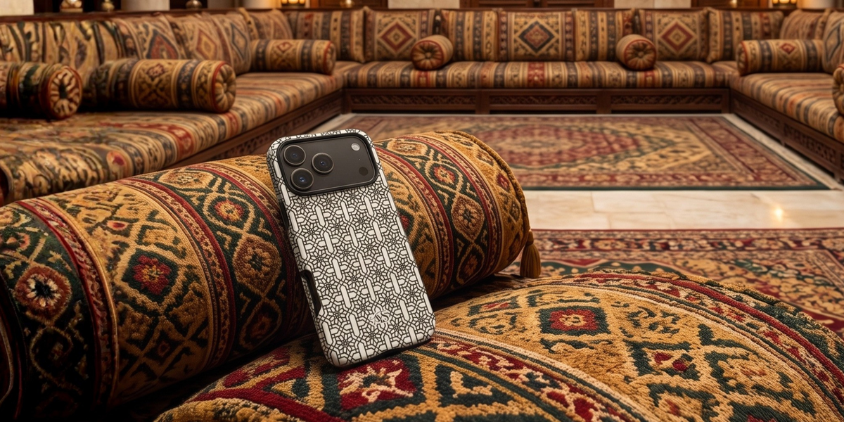 White Classic Noor geometric tough phone case displayed on a red, green and gold majlis cushion, surrounded by a traditional majlis with a matching patterned carpet