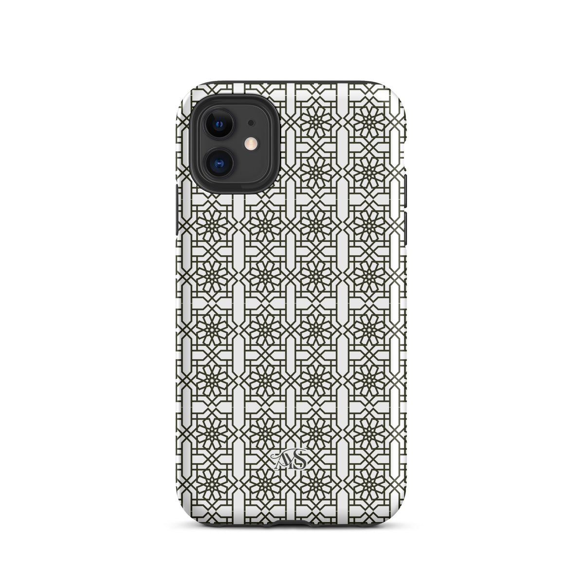 White Classic Noor geometric tough phone case with a black-and-white pattern and AYS logo at the bottom, designed for iPhone 11