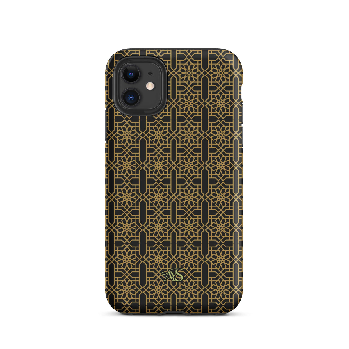 Midnight Gold Noor Tough Phone Case with a black-and-gold pattern and AYS logo at the bottom, designed for iPhone 11  