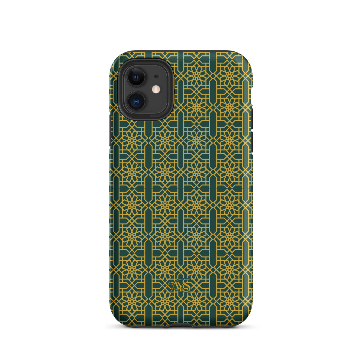 Emerald Gold Noor Tough Phone Case with a green-and-gold pattern and AYS logo at the bottom, designed for iPhone 11