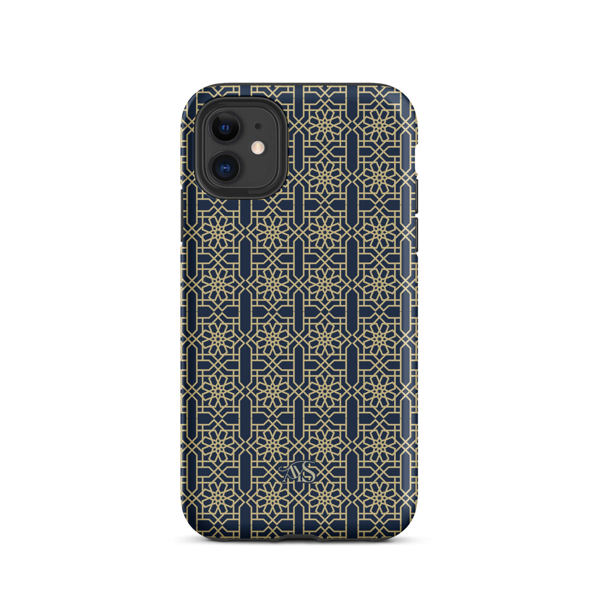 Royal Navy Noor Tough Phone Case with a blue-and-gold pattern and AYS logo at the bottom, designed for iPhone 11