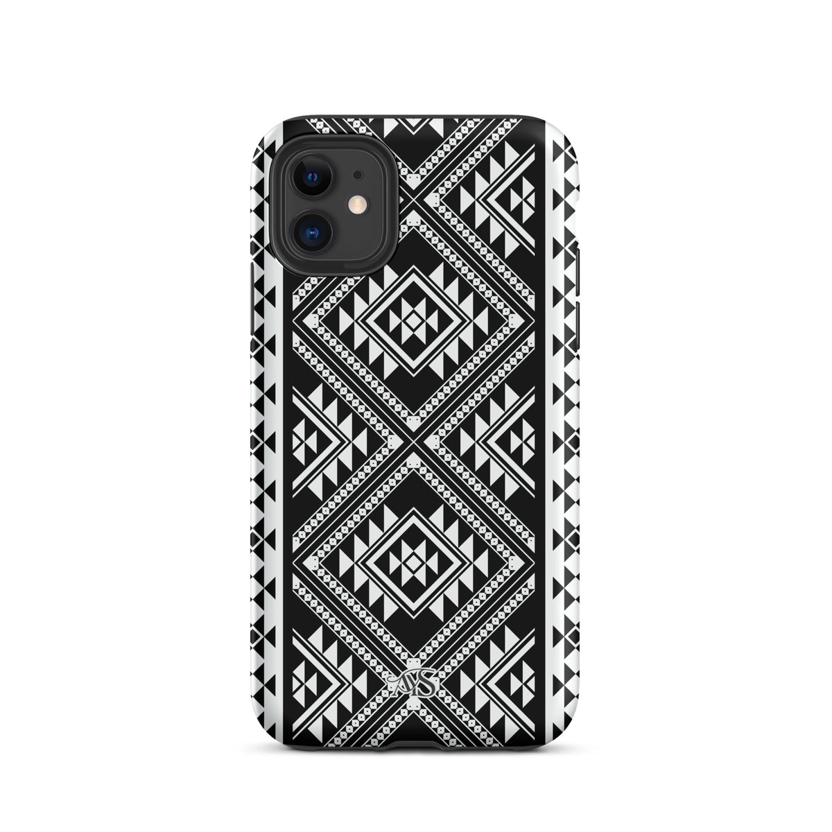 Monochrome Geometric Tough Phone Case with a black-and-white pattern and AYS logo at the bottom, designed for iPhone 11
