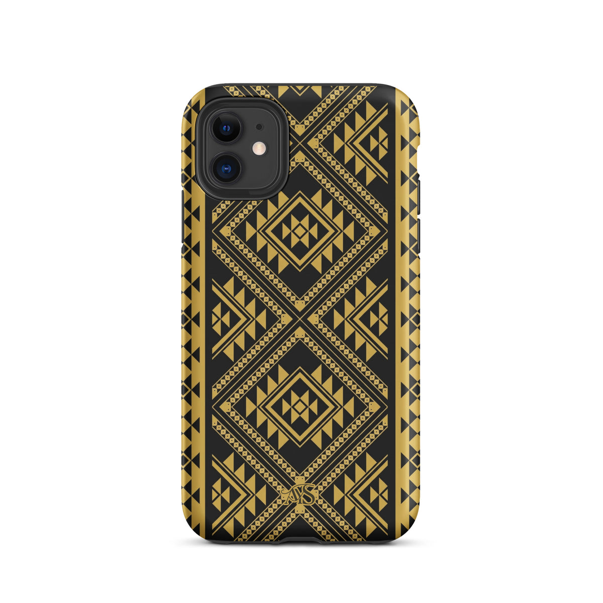 Midnight Prestige Geometric Tough Phone Case with a black-and-gold pattern and AYS logo at the bottom, designed for iPhone 11
