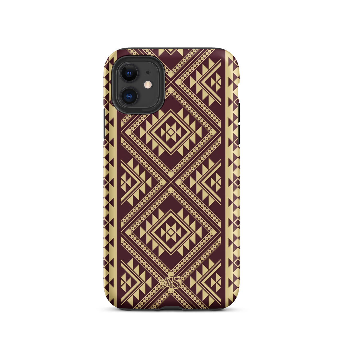 Burgundy Rose Geometric Tough Phone Case with a burgundy-and-rose gold pattern and AYS logo at the bottom, designed for iPhone 11
