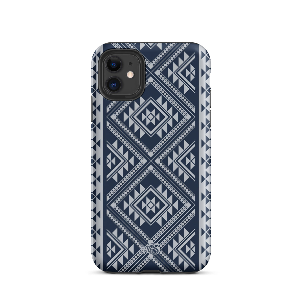 Royal Navy Geometric Tough Phone Case with a Royal Navy-and-silver pattern and AYS logo at the bottom, designed for iPhone 11