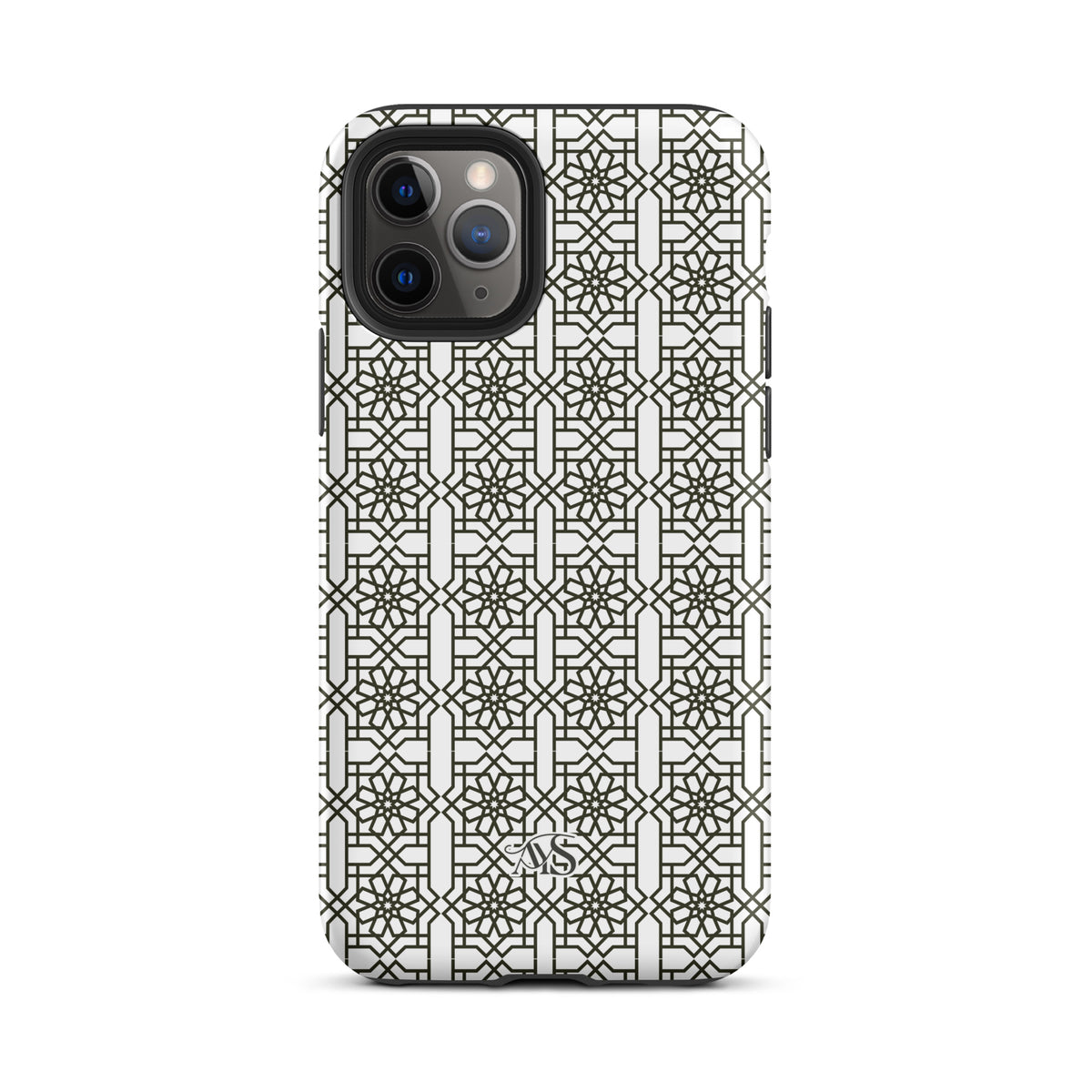 White Classic Noor geometric tough phone case with a black-and-white pattern and AYS logo at the bottom, designed for iPhone 11 Pro