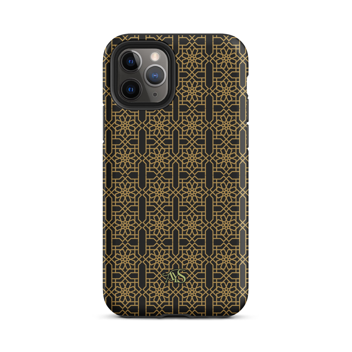 Midnight Gold Noor Tough Phone Case with a black-and-gold pattern and AYS logo at the bottom, designed for iPhone 11   Pro