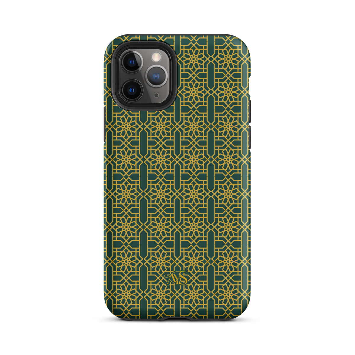 Emerald Gold Noor Tough Phone Case with a green-and-gold pattern and AYS logo at the bottom, designed for iPhone 11 Pro