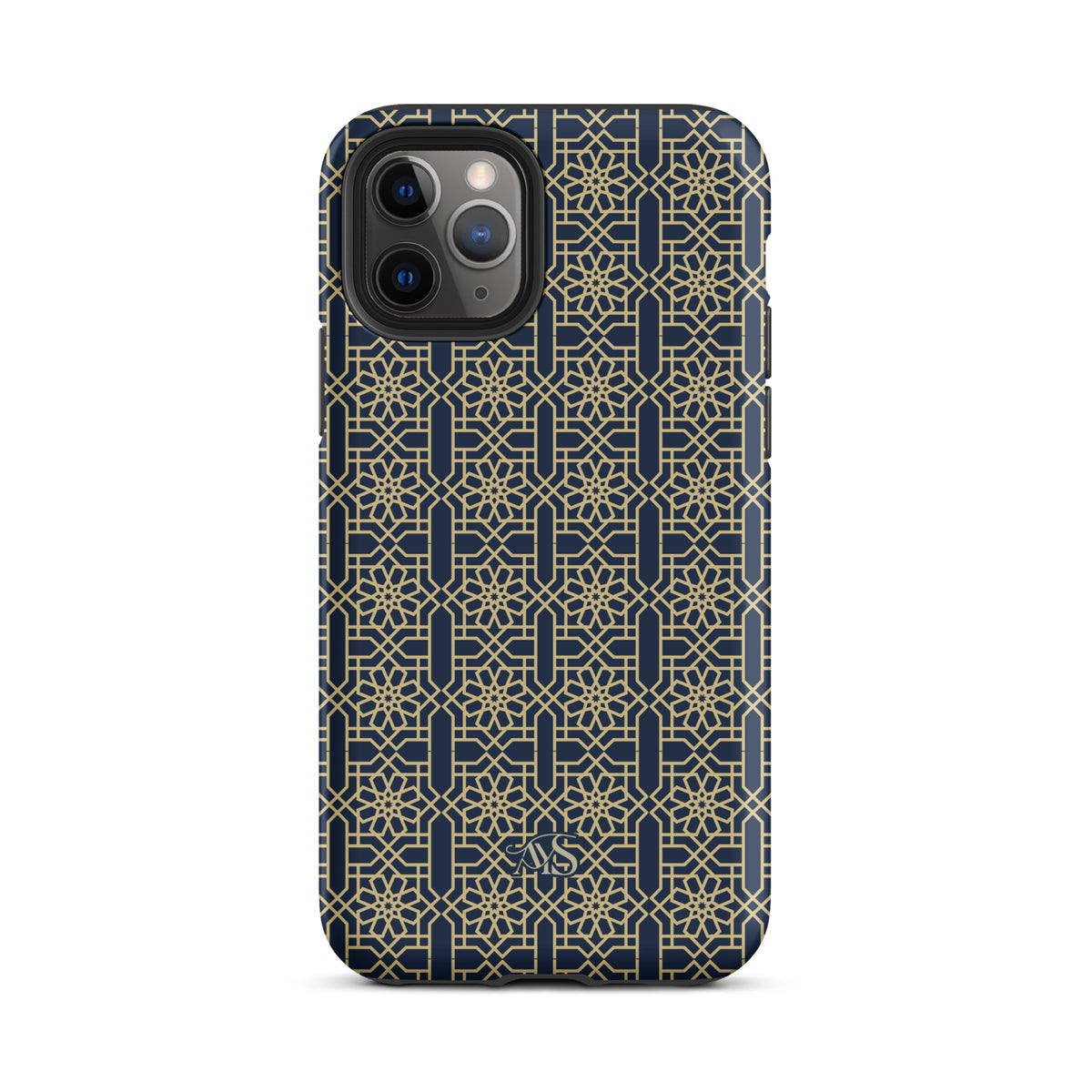 Royal Navy Noor Tough Phone Case with a blue-and-gold pattern and AYS logo at the bottom, designed for iPhone 11 Pro