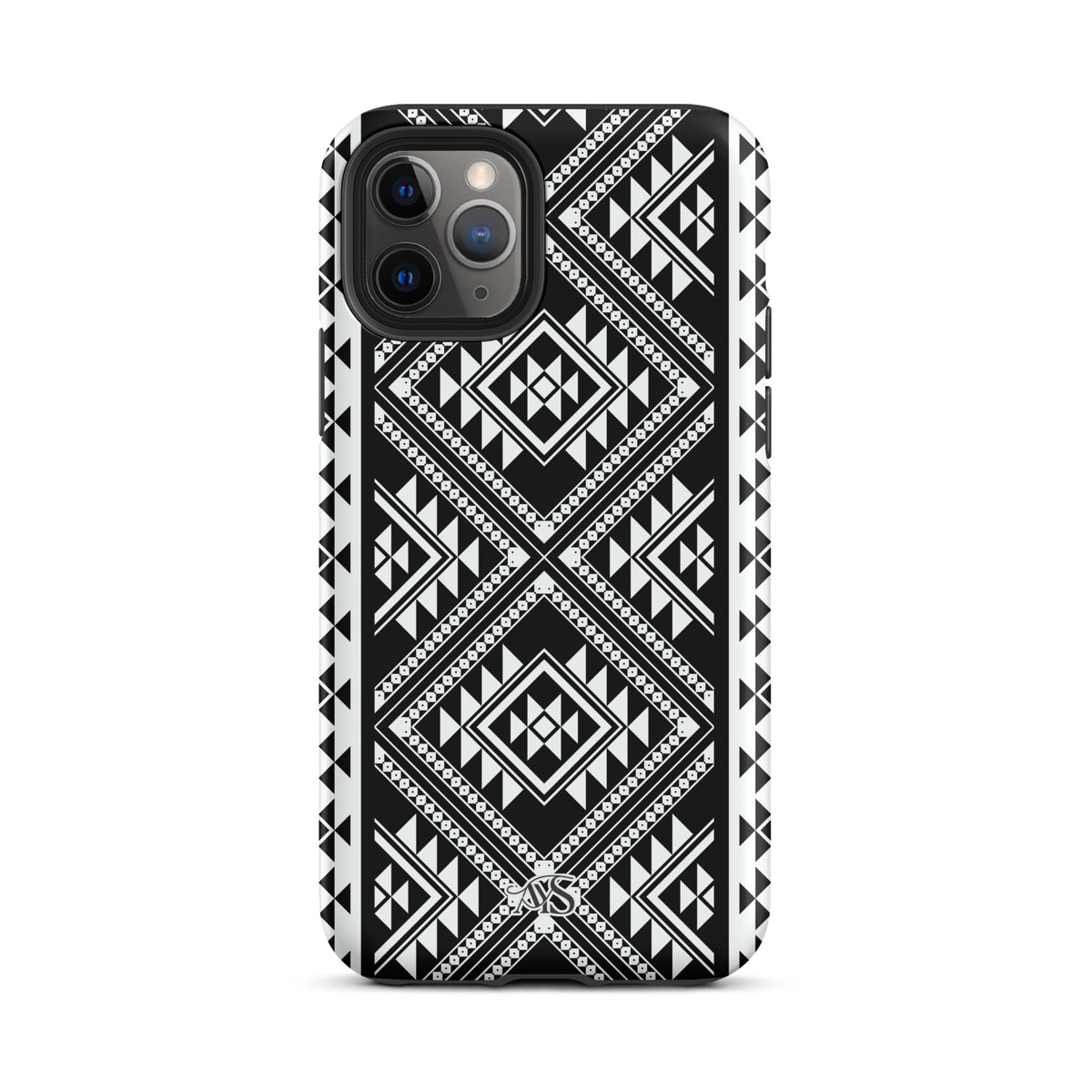Monochrome Geometric Tough Phone Case with a black-and-white pattern and AYS logo at the bottom, designed for iPhone 11 ro