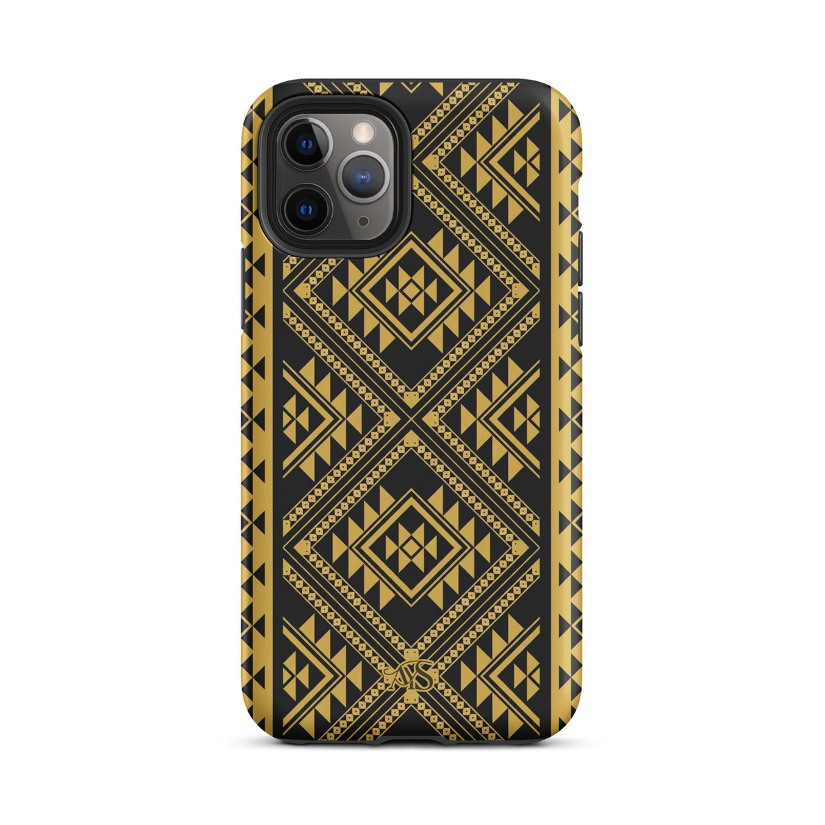 Midnight Prestige Geometric Tough Phone Case with a black-and-gold pattern and AYS logo at the bottom, designed for iPhone 11 Pro