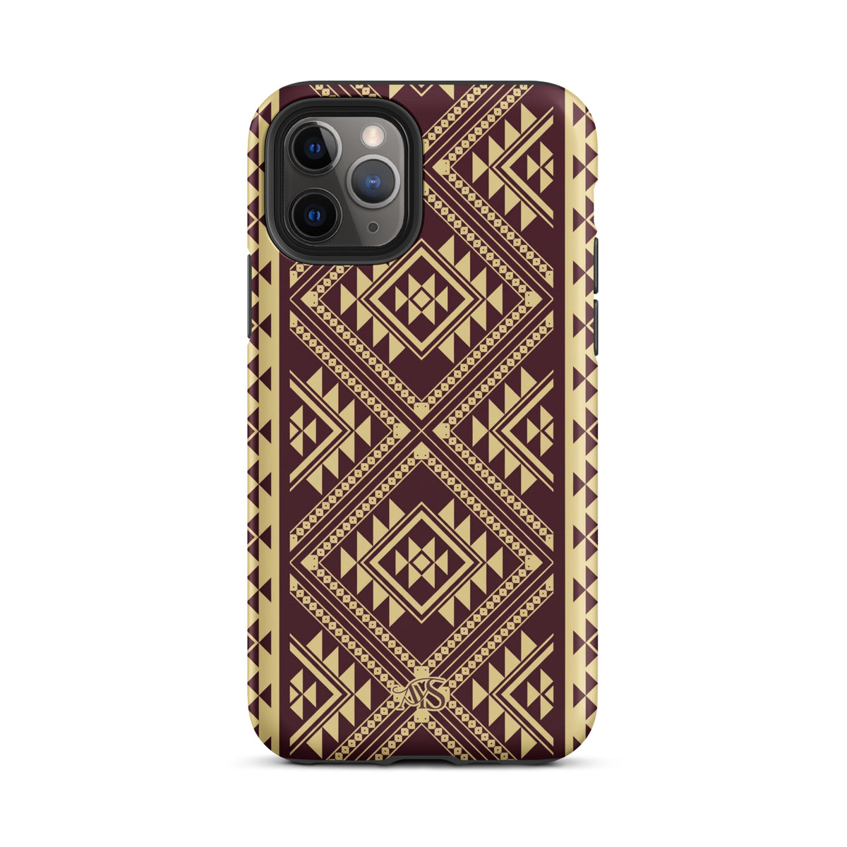 Burgundy Rose Geometric Tough Phone Case with a burgundy-and-rose gold pattern and AYS logo at the bottom, designed for iPhone 11 Pro