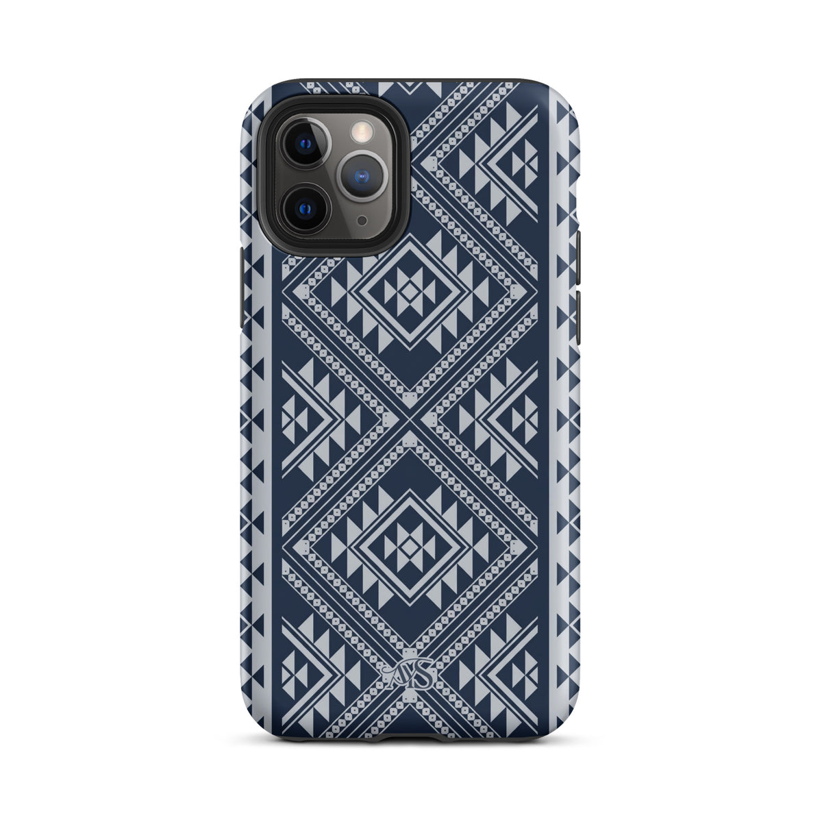 Royal Navy Geometric Tough Phone Case with a Royal Navy-and-silver pattern and AYS logo at the bottom, designed for iPhone 11 Pro
