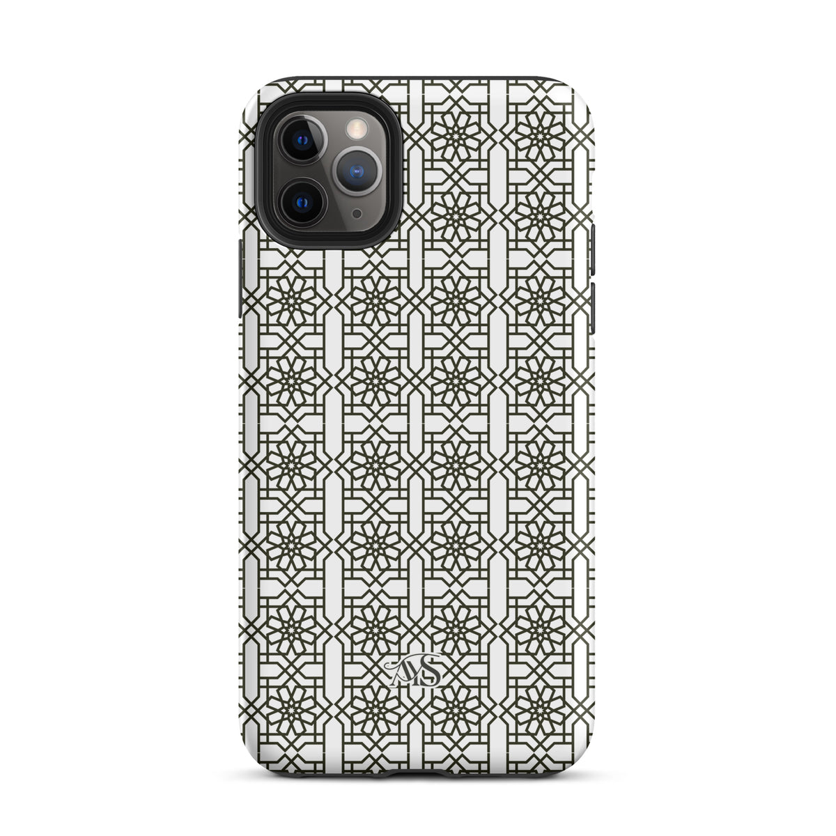 White Classic Noor geometric tough phone case with a black-and-white pattern and AYS logo at the bottom, designed for iPhone 11 Pro Max