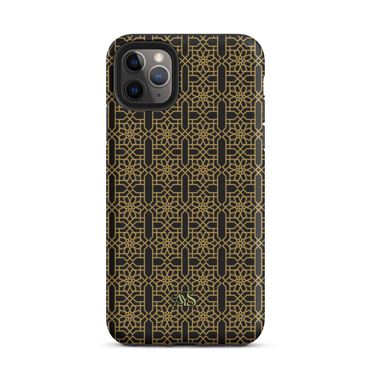 Midnight Gold Noor Tough Phone Case with a black-and-gold pattern and AYS logo at the bottom, designed for iPhone 11   Pro Max