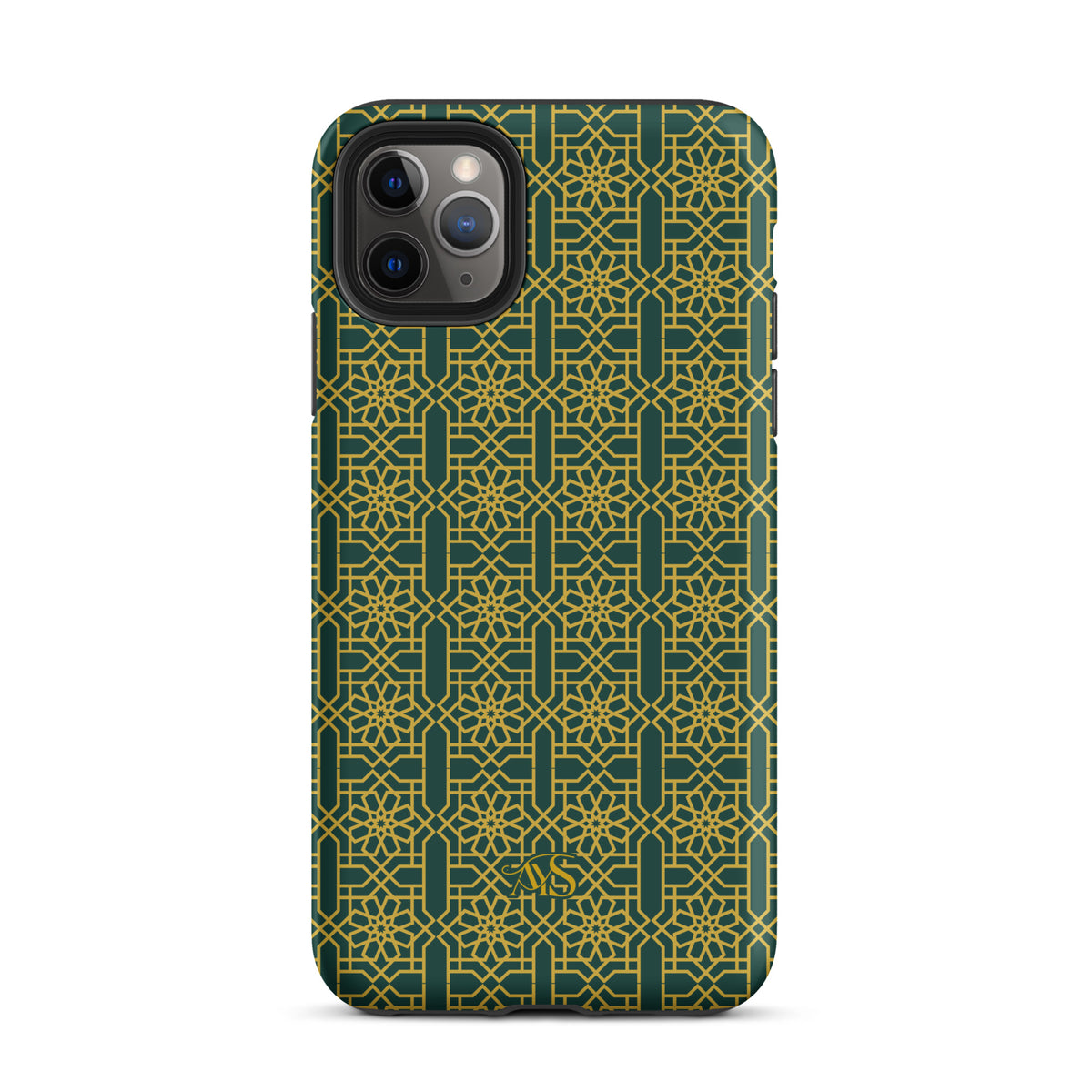 Emerald Gold Noor Tough Phone Case with a green-and-gold pattern and AYS logo at the bottom, designed for iPhone 11 Pro Max