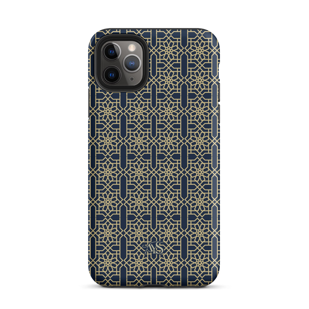 Royal Navy Noor Tough Phone Case with a blue-and-gold pattern and AYS logo at the bottom, designed for iPhone 11 Pro Max