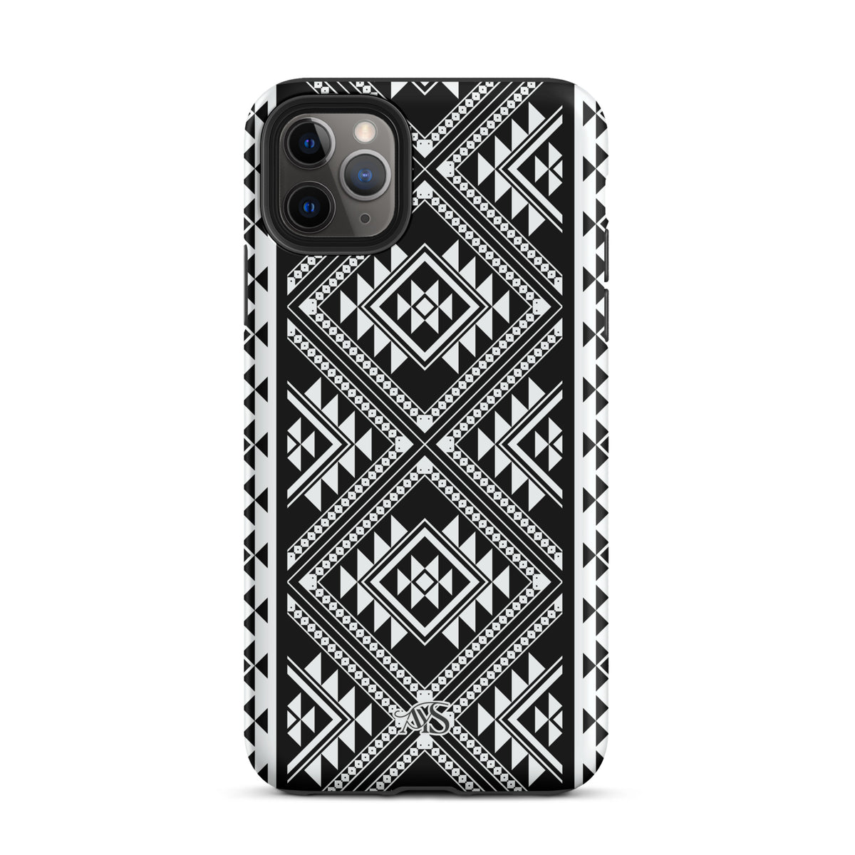 Monochrome Geometric Tough Phone Case with a black-and-white pattern and AYS logo at the bottom, designed for iPhone 11 Pro Max