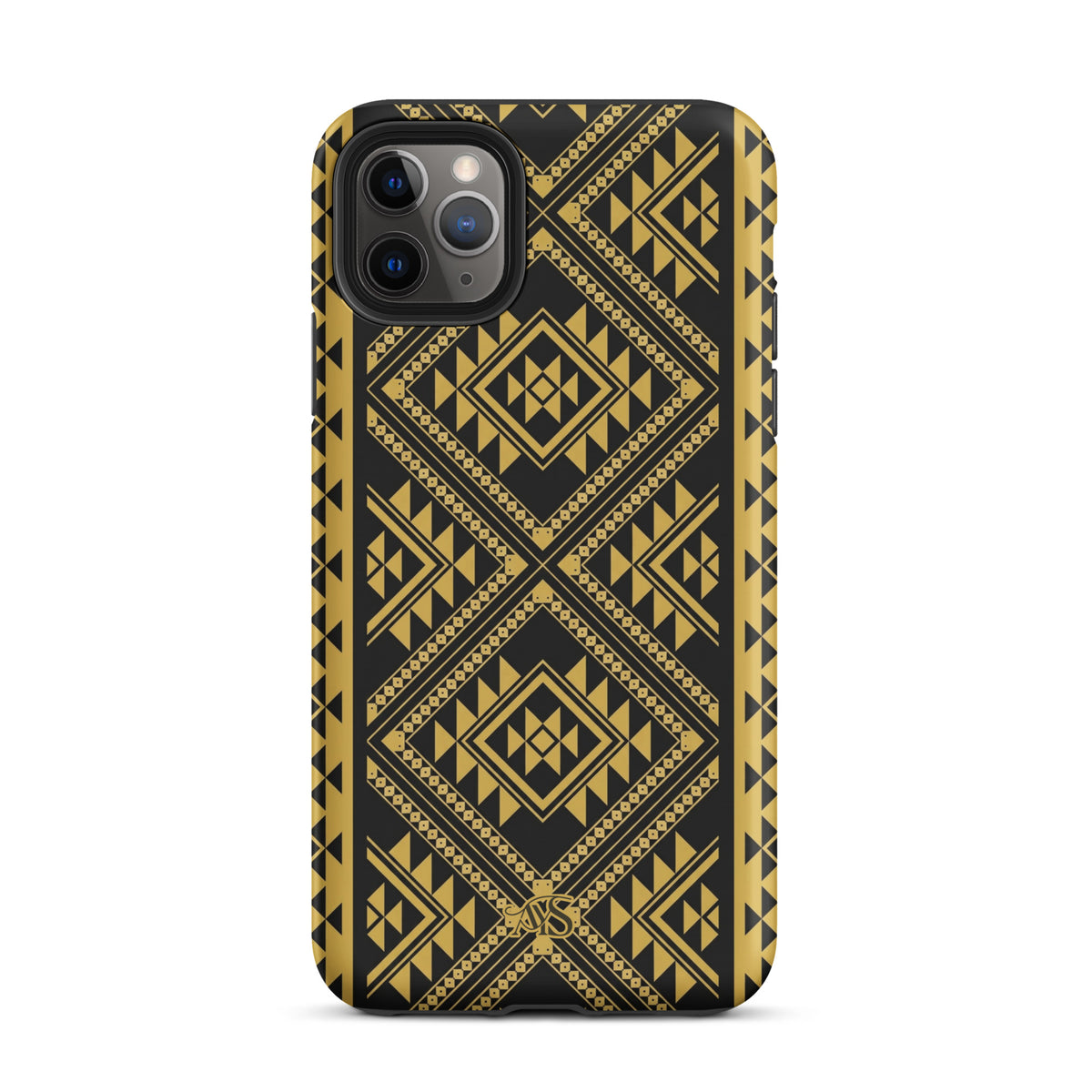Midnight Prestige Geometric Tough Phone Case with a black-and-gold pattern and AYS logo at the bottom, designed for iPhone 11 Pro Max