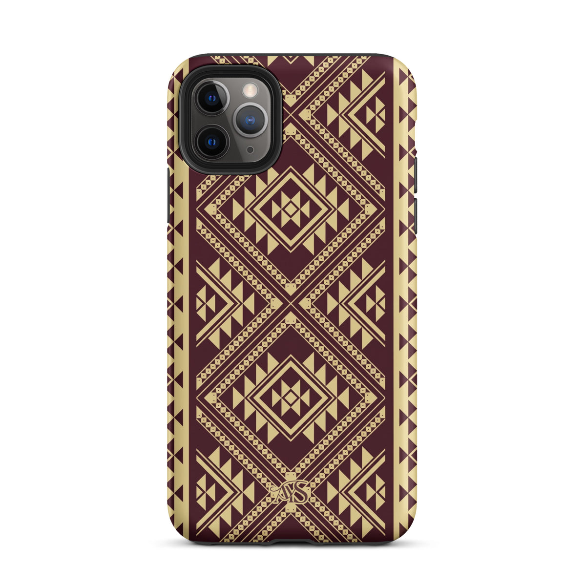 Burgundy Rose Geometric Tough Phone Case with a burgundy-and-rose gold pattern and AYS logo at the bottom, designed for iPhone 11 Pro Max