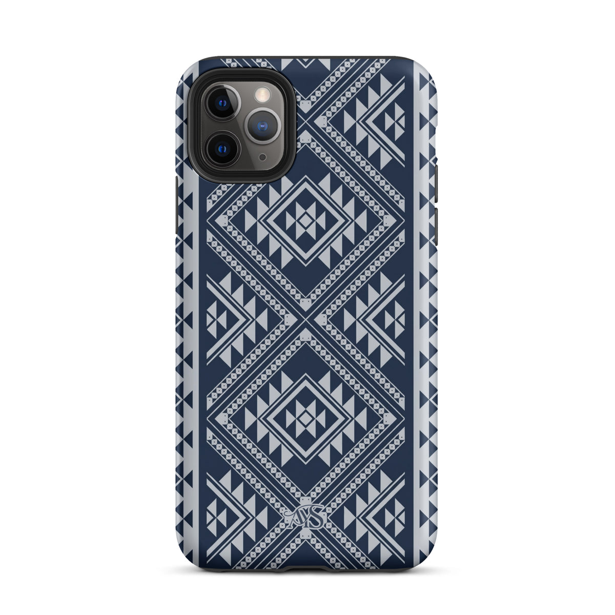 Royal Navy Geometric Tough Phone Case with a Royal Navy-and-silver pattern and AYS logo at the bottom, designed for iPhone 11 Pro Max