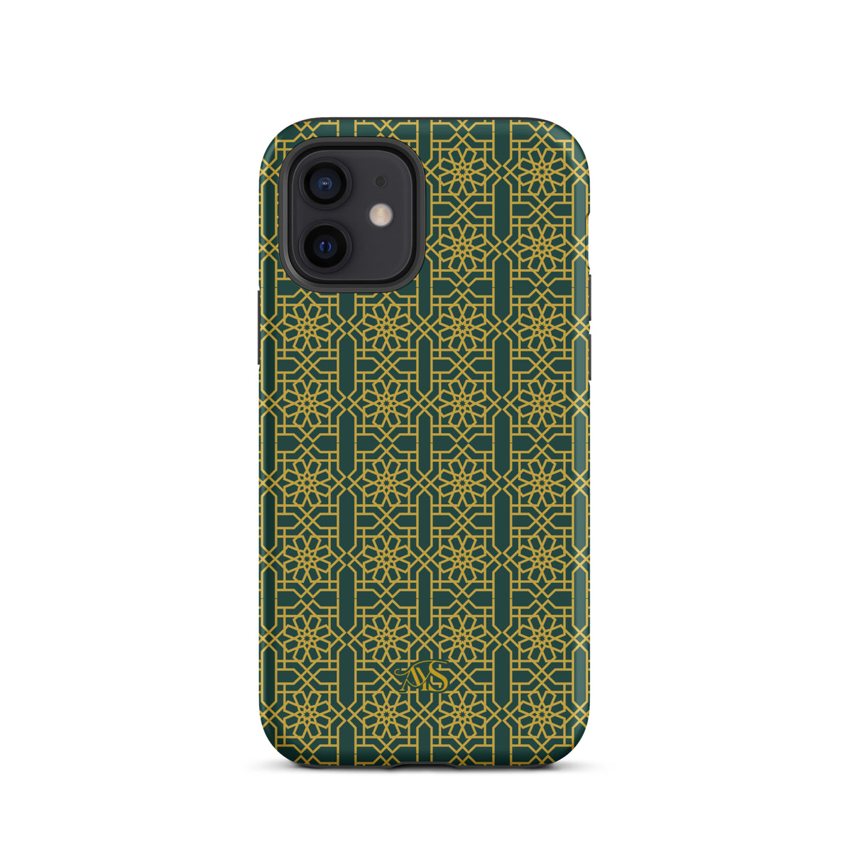 Emerald Gold Noor Tough Phone Case with a green-and-gold pattern and AYS logo at the bottom, designed for iPhone 12 