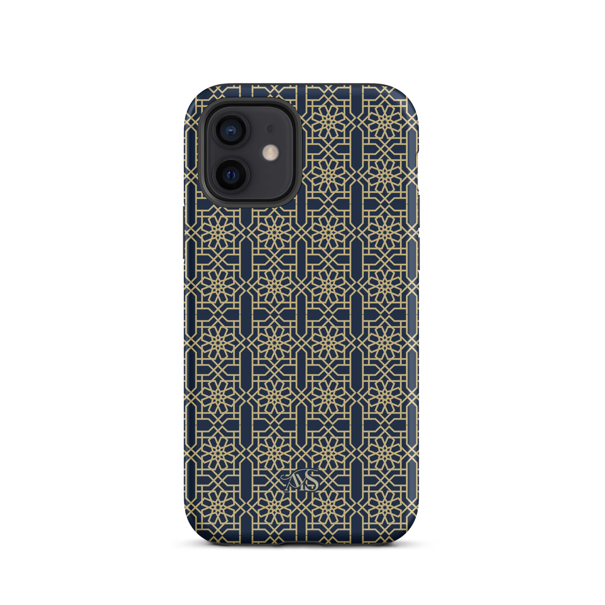 Royal Navy Noor Tough Phone Case with a blue-and-gold pattern and AYS logo at the bottom, designed for iPhone 12