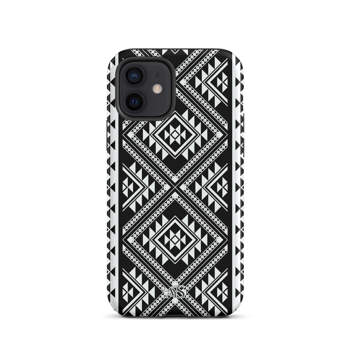 Monochrome Geometric Tough Phone Case with a black-and-white pattern and AYS logo at the bottom, designed for iPhone 12
