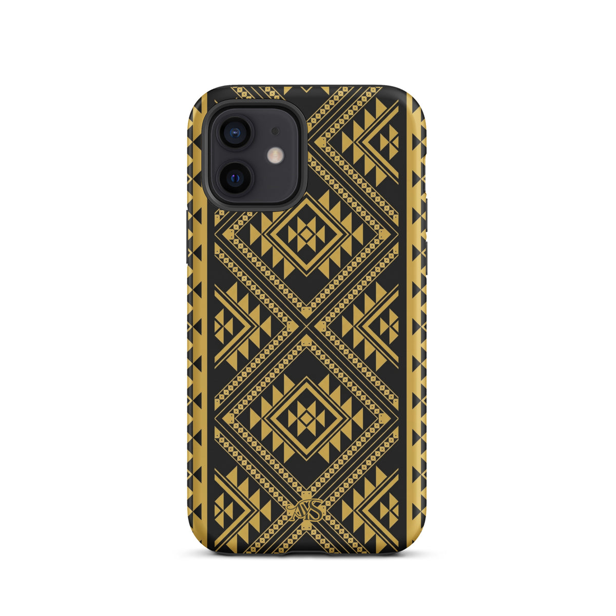 Midnight Prestige Geometric Tough Phone Case with a black-and-gold pattern and AYS logo at the bottom, designed for iPhone 12