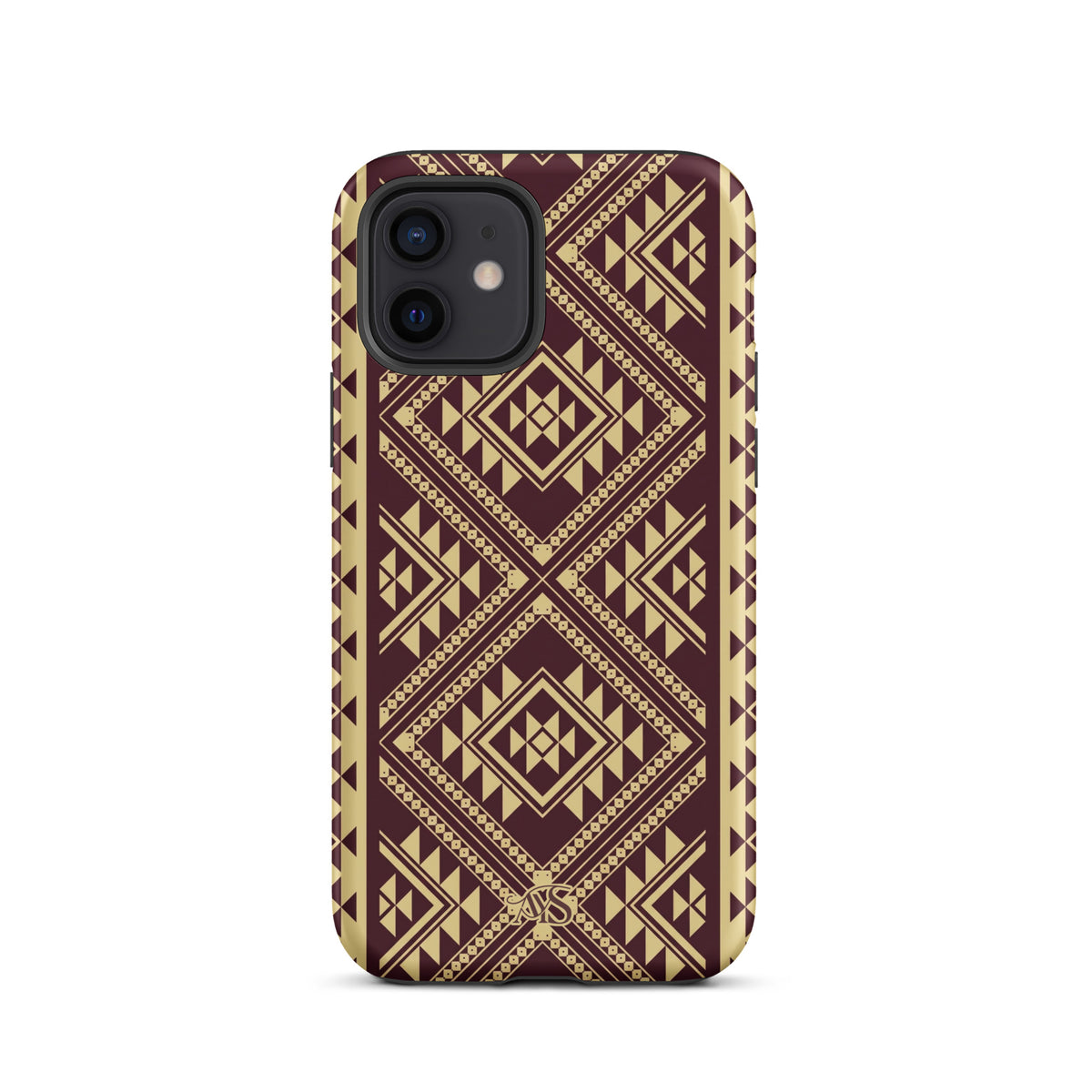 Burgundy Rose Geometric Tough Phone Case with a burgundy-and-rose gold pattern and AYS logo at the bottom, designed for iPhone 12
