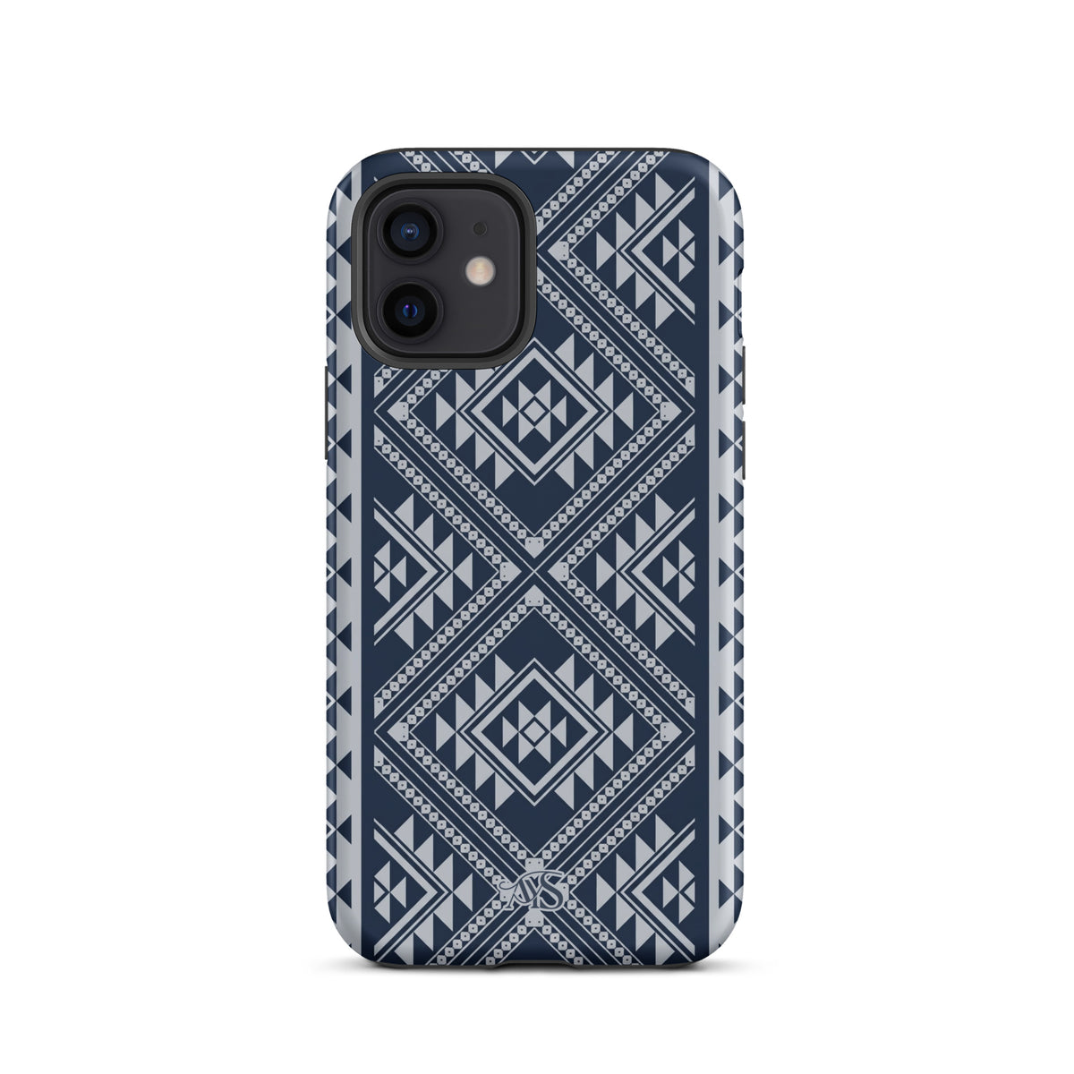 Royal Navy Geometric Tough Phone Case with a Royal Navy-and-silver pattern and AYS logo at the bottom, designed for iPhone 12