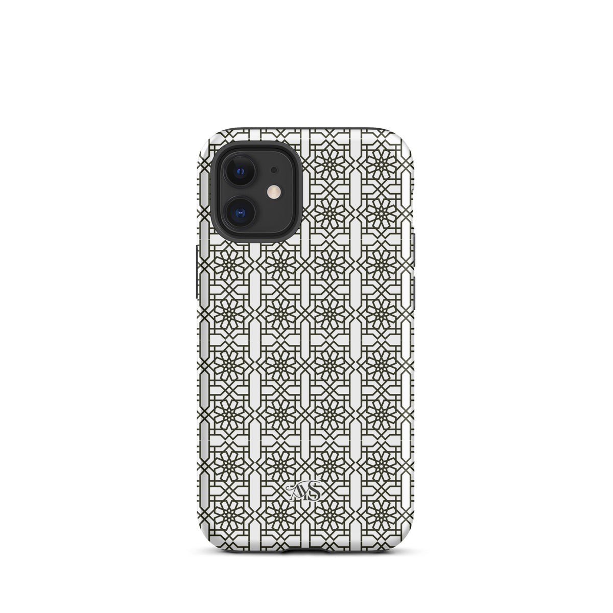 White Classic Noor geometric tough phone case with a black-and-white pattern and AYS logo at the bottom, designed for iPhone 12 mini