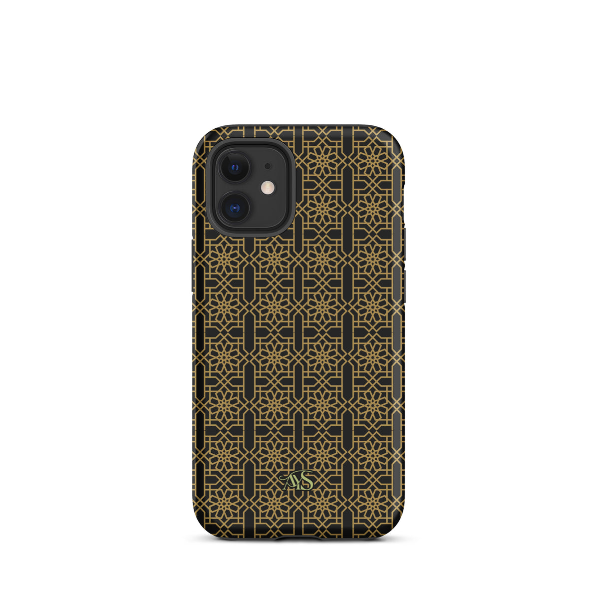 Midnight Gold Noor Tough Phone Case with a black-and-gold pattern and AYS logo at the bottom, designed for iPhone 12 mini