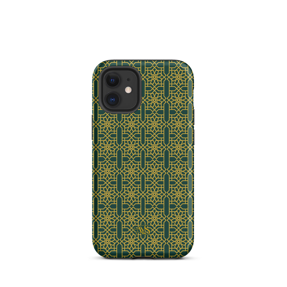 Emerald Gold Noor Tough Phone Case with a green-and-gold pattern and AYS logo at the bottom, designed for iPhone 12 mini