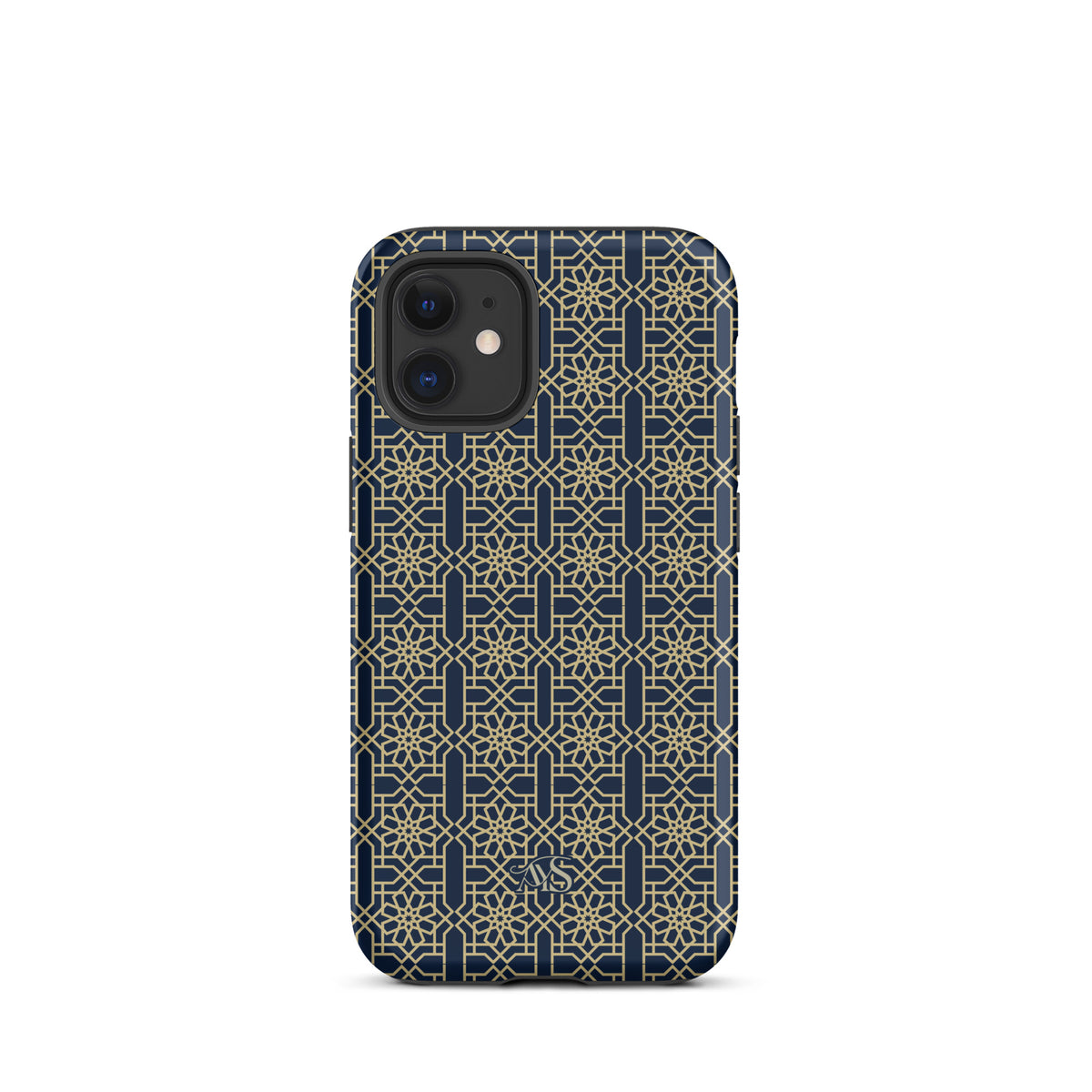 Royal Navy Noor Tough Phone Case with a blue-and-gold pattern and AYS logo at the bottom, designed for iPhone 12 mini