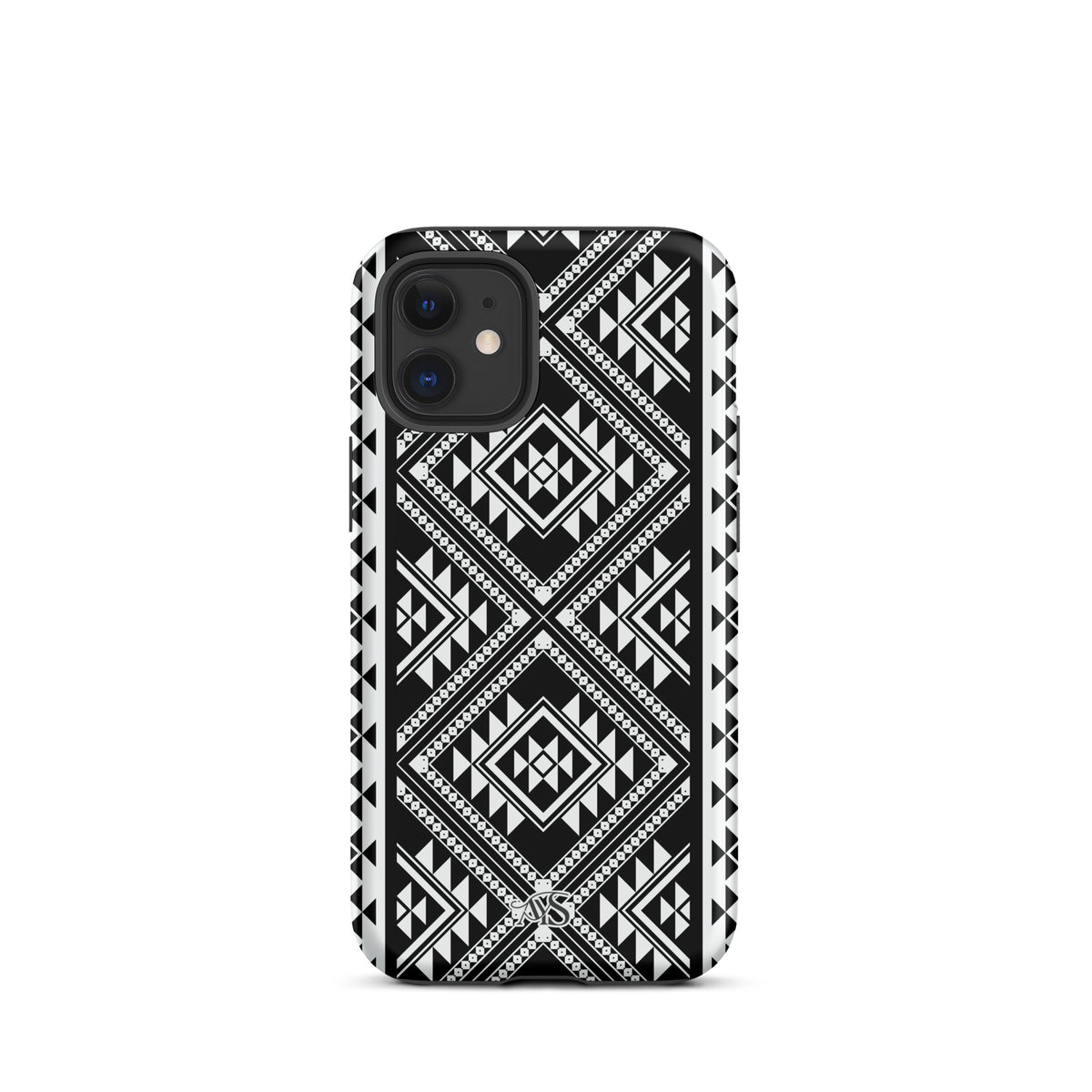 Monochrome Geometric Tough Phone Case with a black-and-white pattern and AYS logo at the bottom, designed for iPhone 12 mini