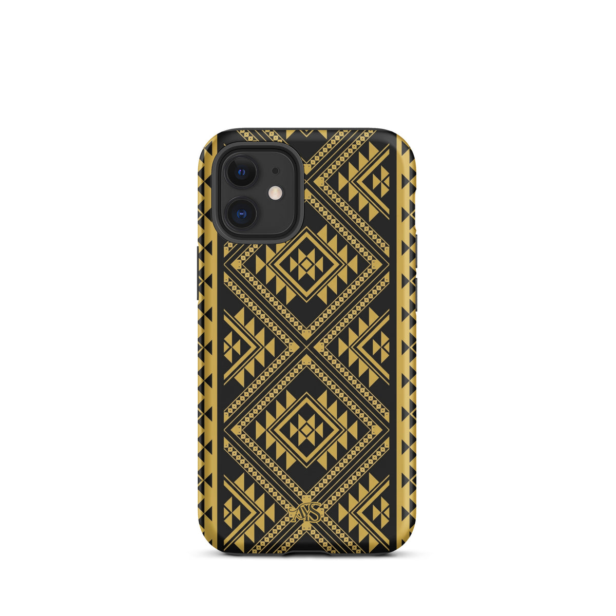 Midnight Prestige Geometric Tough Phone Case with a black-and-gold pattern and AYS logo at the bottom, designed for iPhone 12 mini
