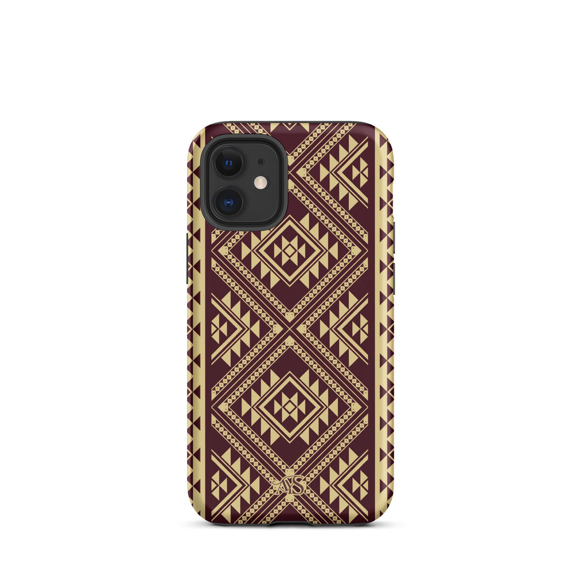 Burgundy Rose Geometric Tough Phone Case with a burgundy-and-rose gold pattern and AYS logo at the bottom, designed for iPhone 12 mini