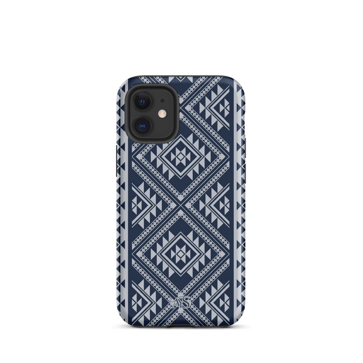 Royal Navy Geometric Tough Phone Case with a Royal Navy-and-silver pattern and AYS logo at the bottom, designed for iPhone 12 mini