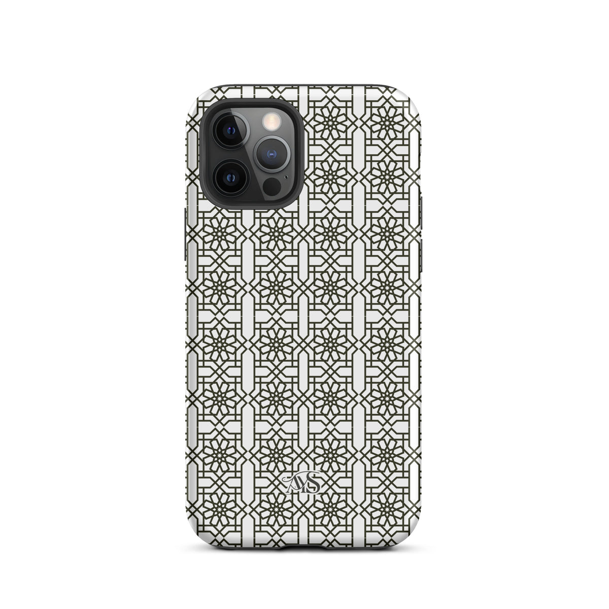 White Classic Noor geometric tough phone case with a black-and-white pattern and AYS logo at the bottom, designed for iPhone 12 pro