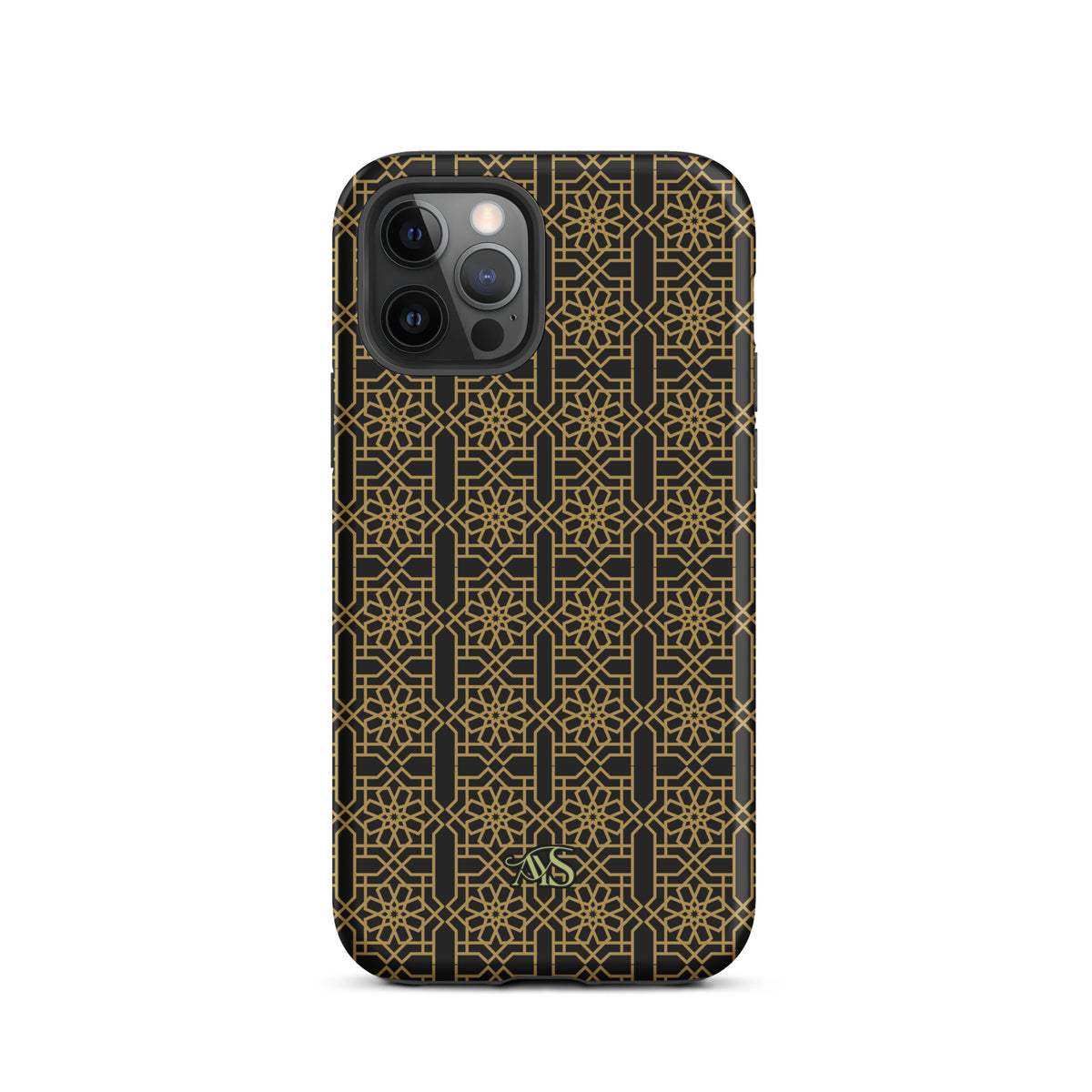 Midnight Gold Noor Tough Phone Case with a black-and-gold pattern and AYS logo at the bottom, designed for iPhone 12 Pro