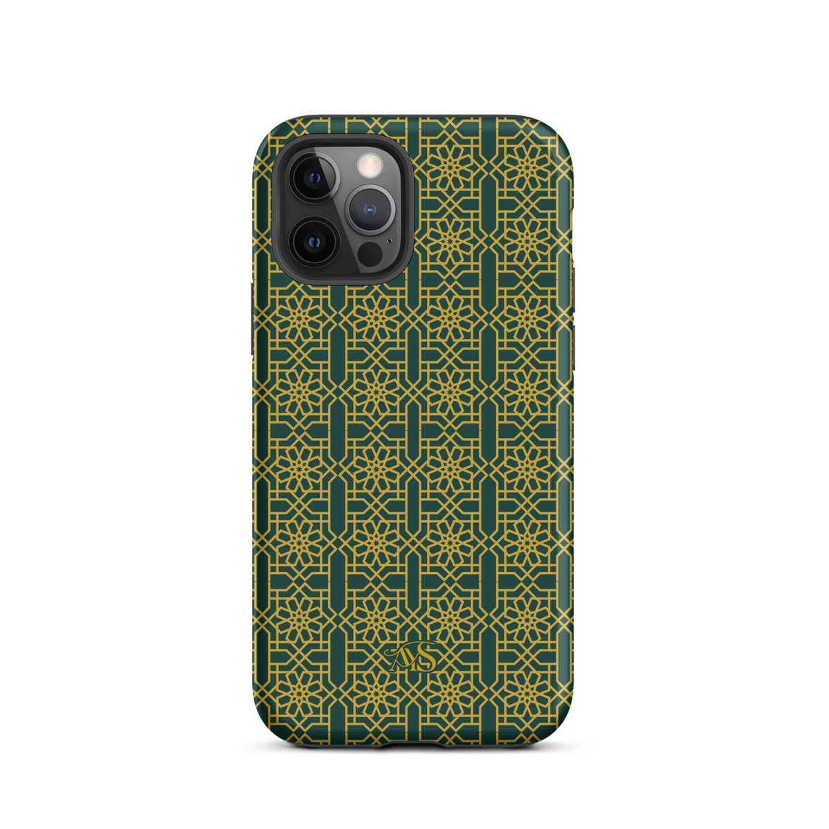 Emerald Gold Noor Tough Phone Case with a green-and-gold pattern and AYS logo at the bottom, designed for iPhone 12 Pro