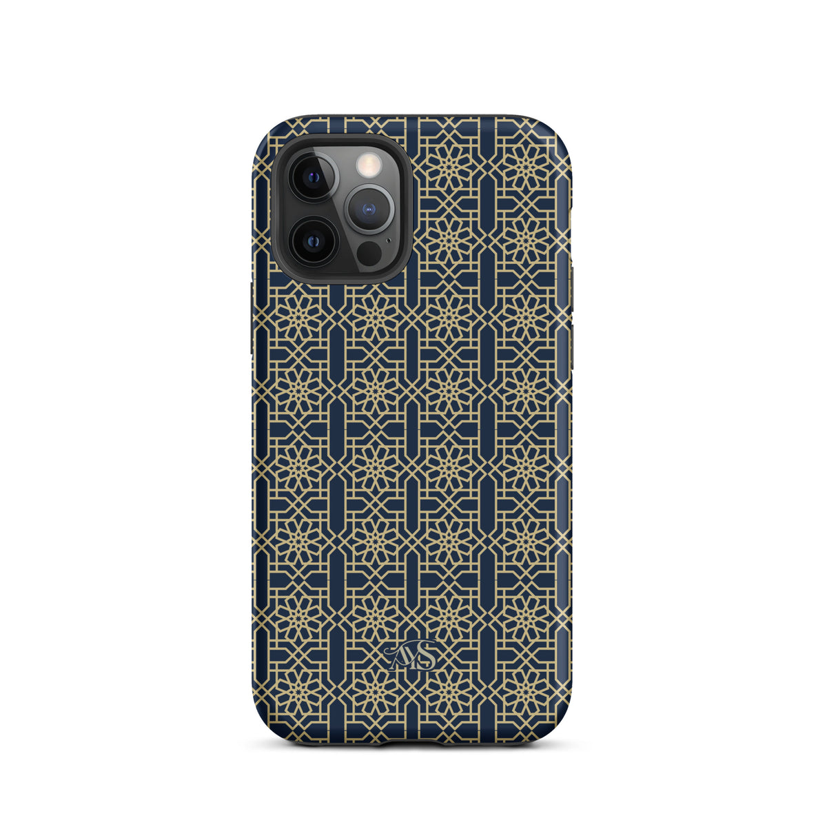 Royal Navy Noor Tough Phone Case with a blue-and-gold pattern and AYS logo at the bottom, designed for iPhone 12 Pro