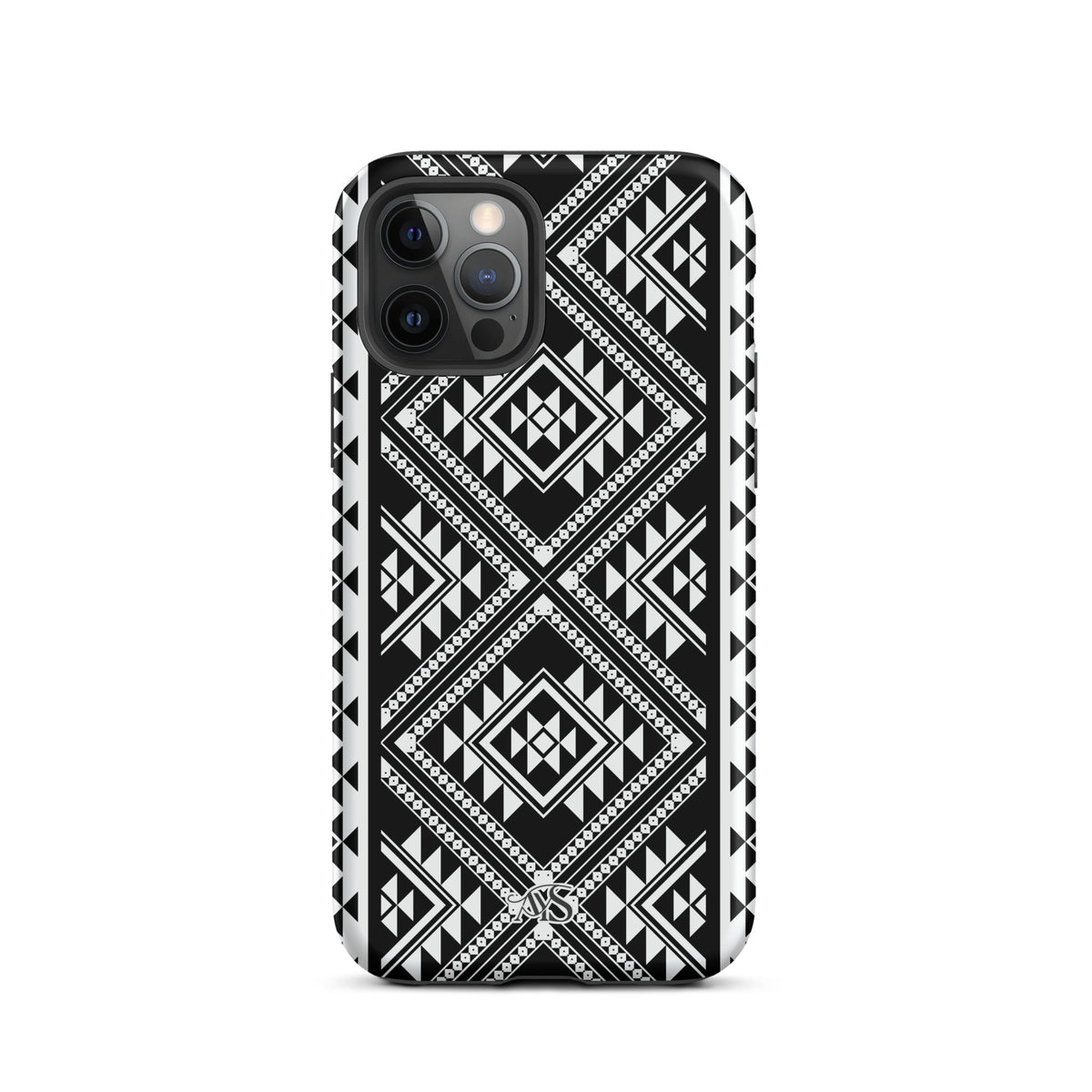 Monochrome Geometric Tough Phone Case with a black-and-white pattern and AYS logo at the bottom, designed for iPhone 12 Pro
